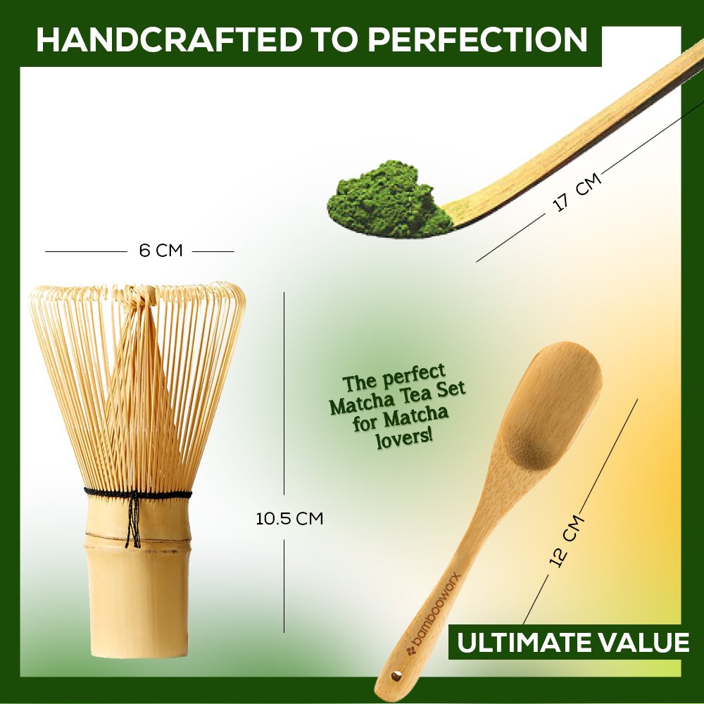 BambooWorx Matcha Whisk Set - (Chasen), Traditional Scoop (Chashaku), Tea Spoon.