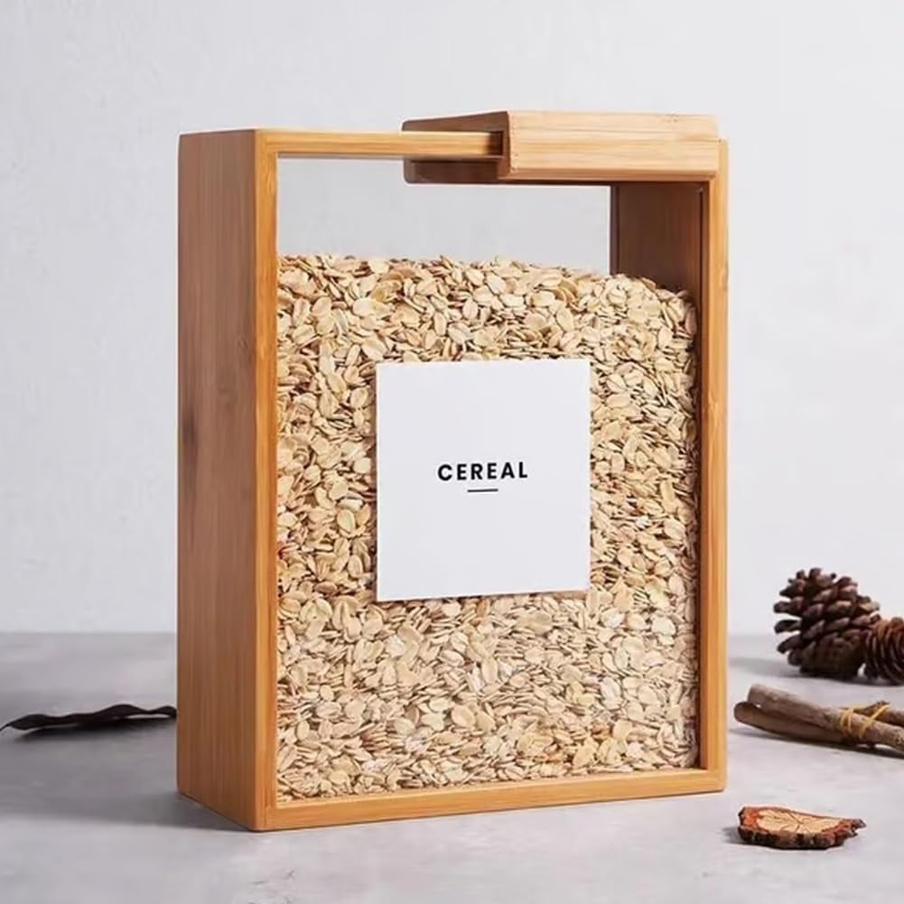 Wooden Cereal Storage Box, Clear Food Storage Box with Lid,