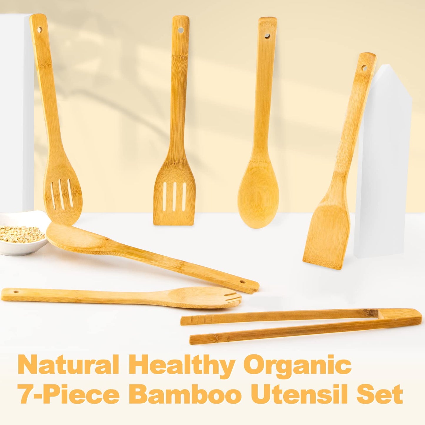 Eisinly Wooden Spoons for Cooking 7-Piece, Kitchen Nonstick Bamboo Cooking Utensils Set,