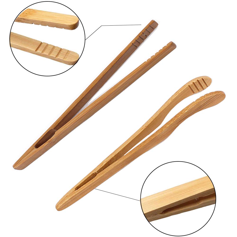 ONERUSUS 4 pack Bamboo Toaster Tongs - 7” Reusable Wood Cooking Tongs -Ideal Kitchen Utensil For Cheese Bacon Muffin Fruits Bread- Ultra Grip - Eco-friendly (Yellow-4 pcs)