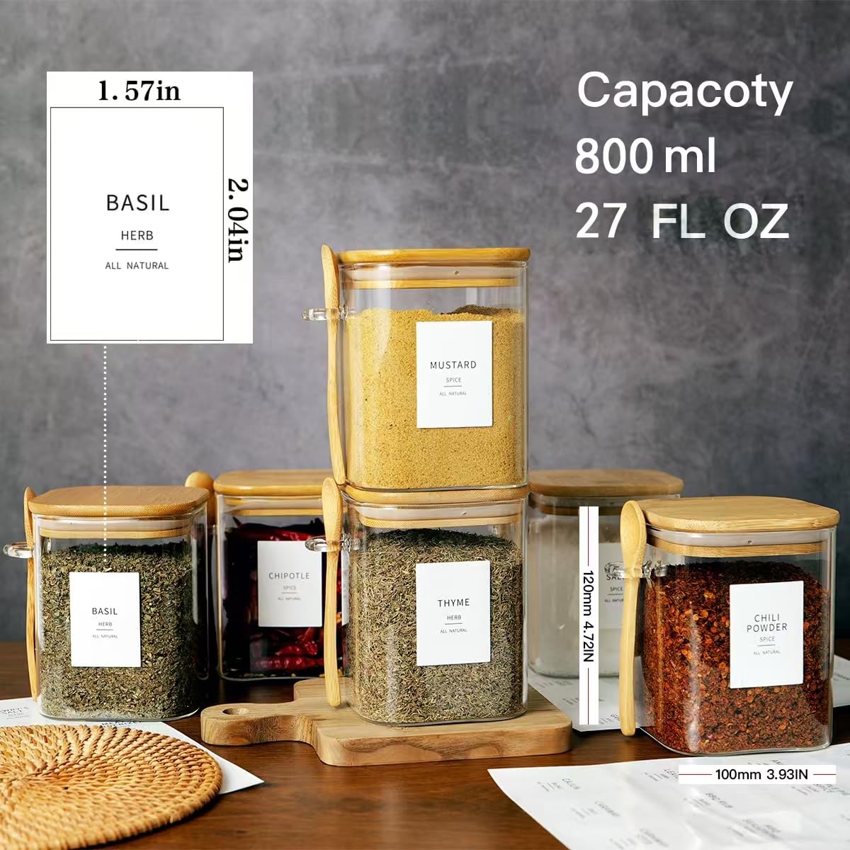 HHMJSM 6 Pcs Square Glass Jar with Bamboo Lid and Spoon