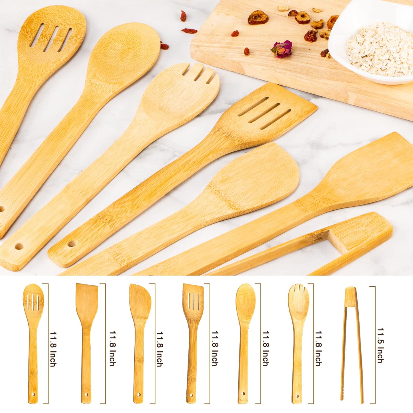 Eisinly Wooden Spoons for Cooking 7-Piece, Kitchen Nonstick Bamboo Cooking Utensils Set,
