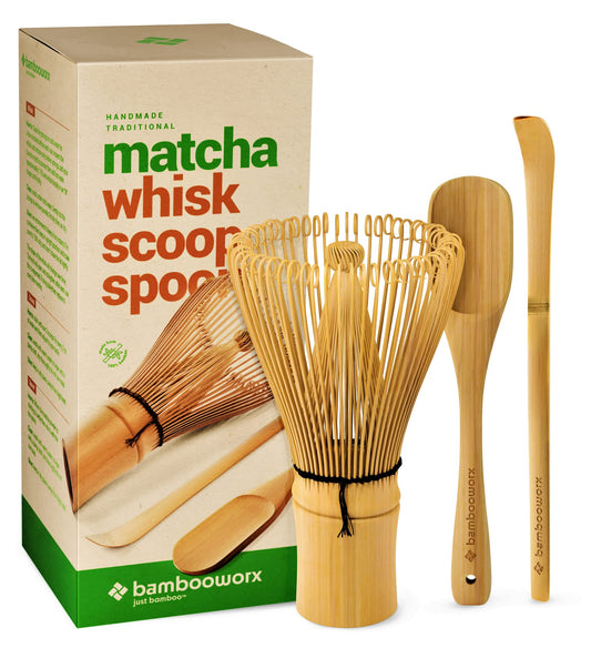BambooWorx Matcha Whisk Set - (Chasen), Traditional Scoop (Chashaku), Tea Spoon.