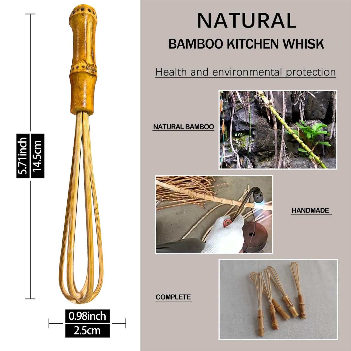 Wooden Whisk, Handcrafted Bamboo Whisks for Cooking Non Scratch