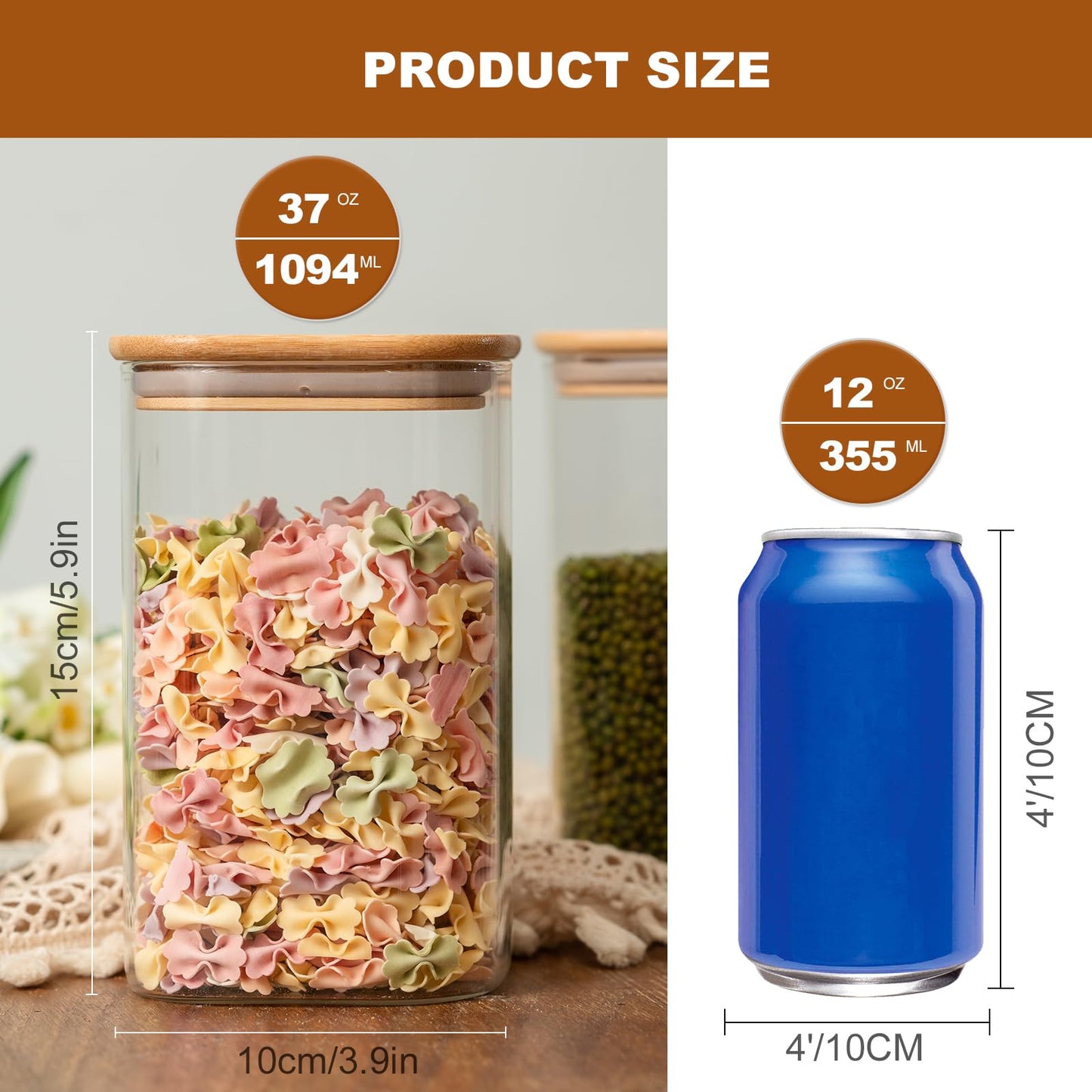 Wood and Glass Food Storage Jars 37 oz Set of 6,Glass Storage Containers