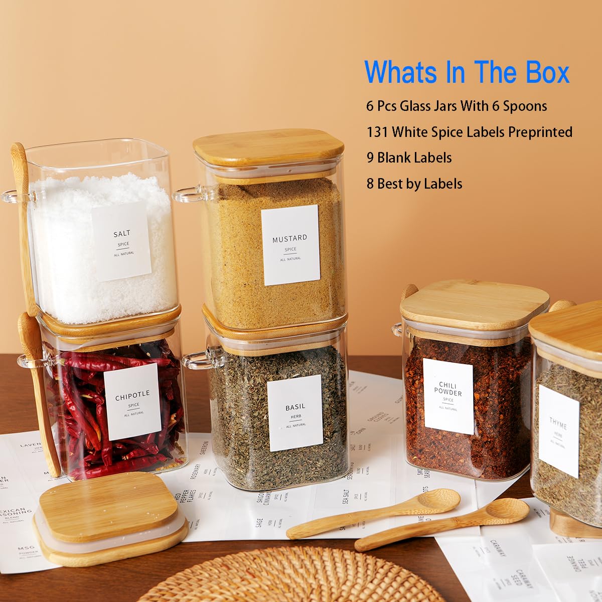 HHMJSM 6 Pcs Square Glass Jar with Bamboo Lid and Spoon