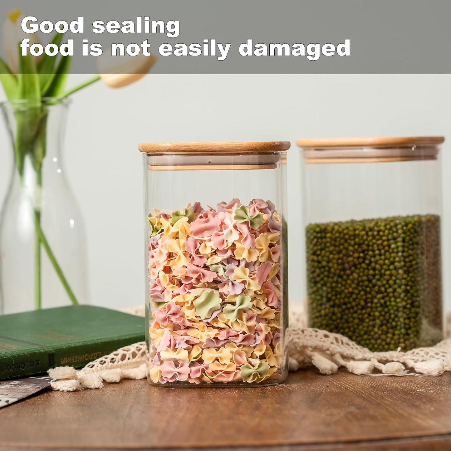 Wood and Glass Food Storage Jars 37 oz Set of 6,Glass Storage Containers
