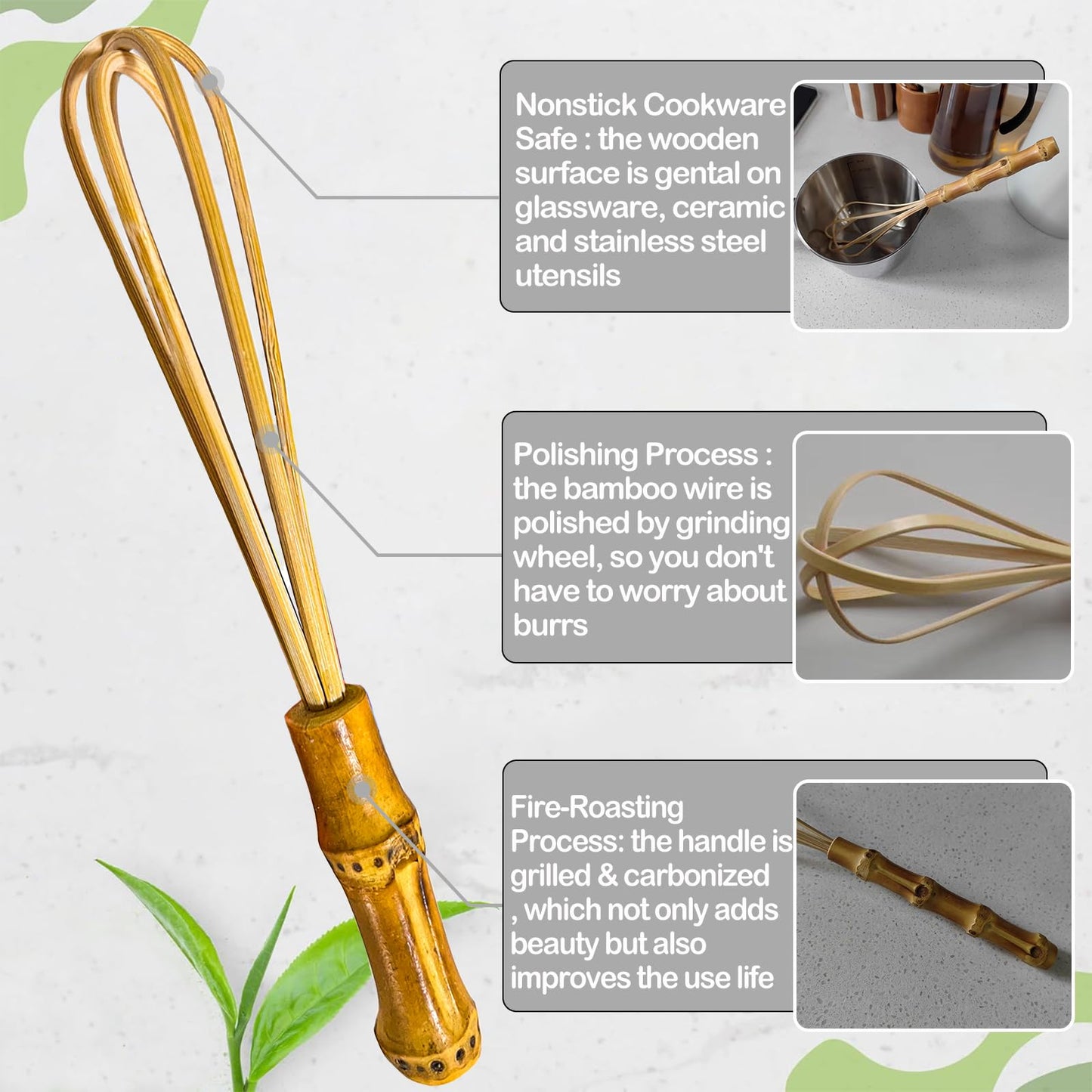 Wooden Whisk, Handcrafted Bamboo Whisks for Cooking Non Scratch
