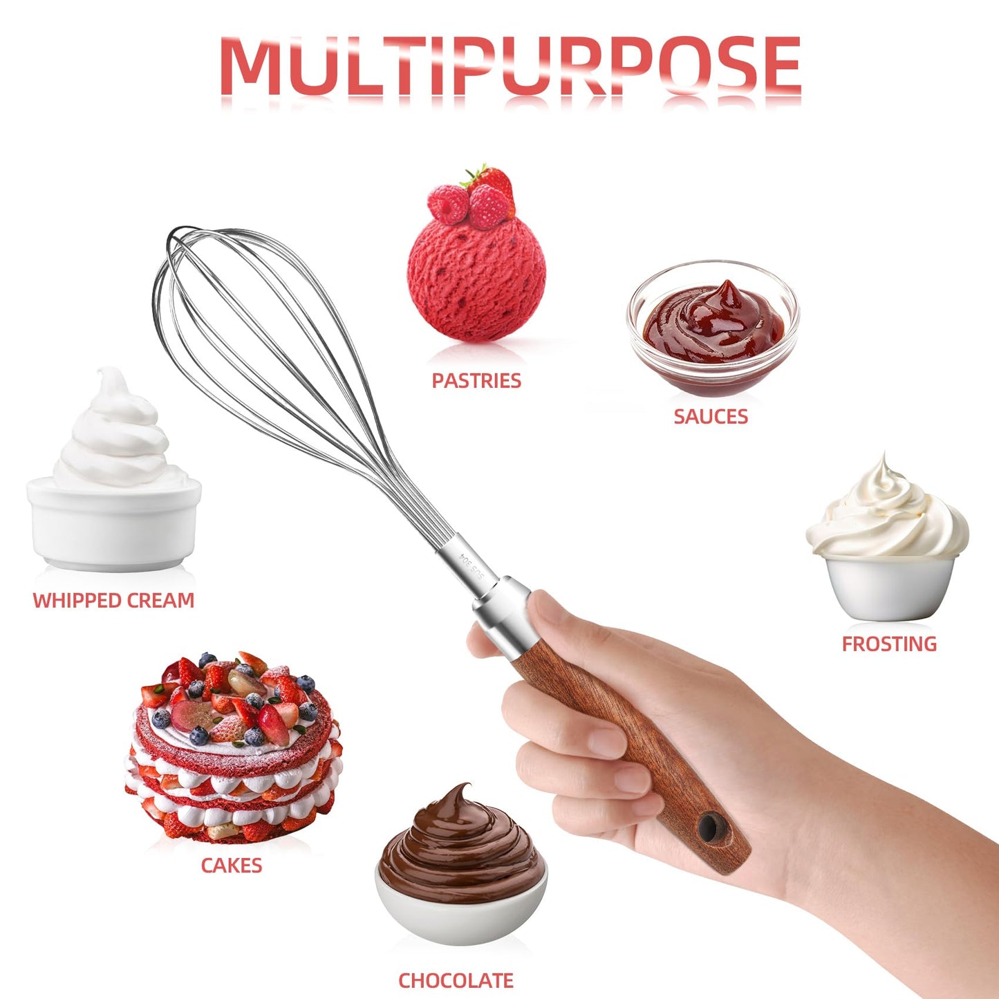Whisk for Cooking,Stainless Steel Wire Wooden Handle