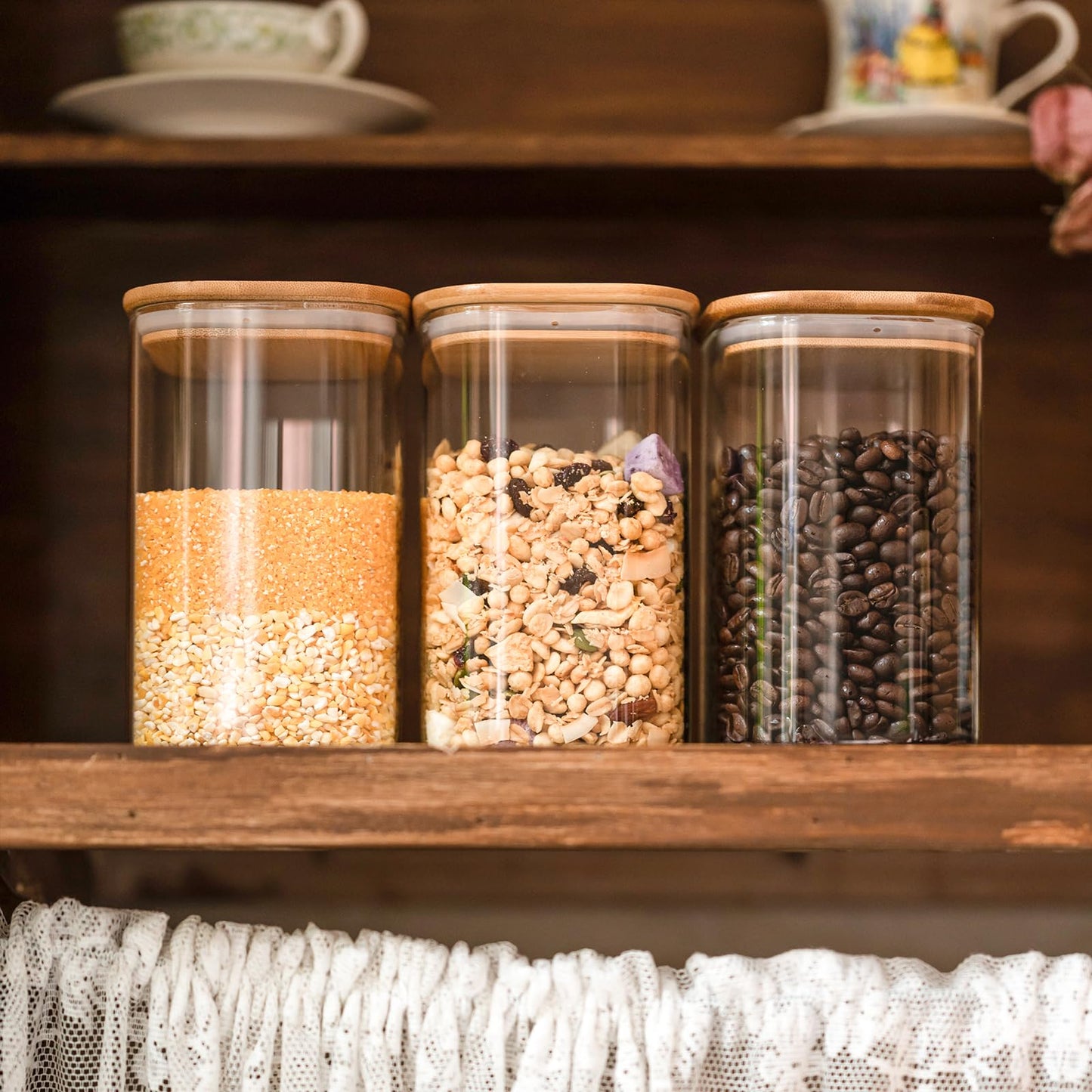 Wood and Glass Food Storage Jars 37 oz Set of 6,Glass Storage Containers