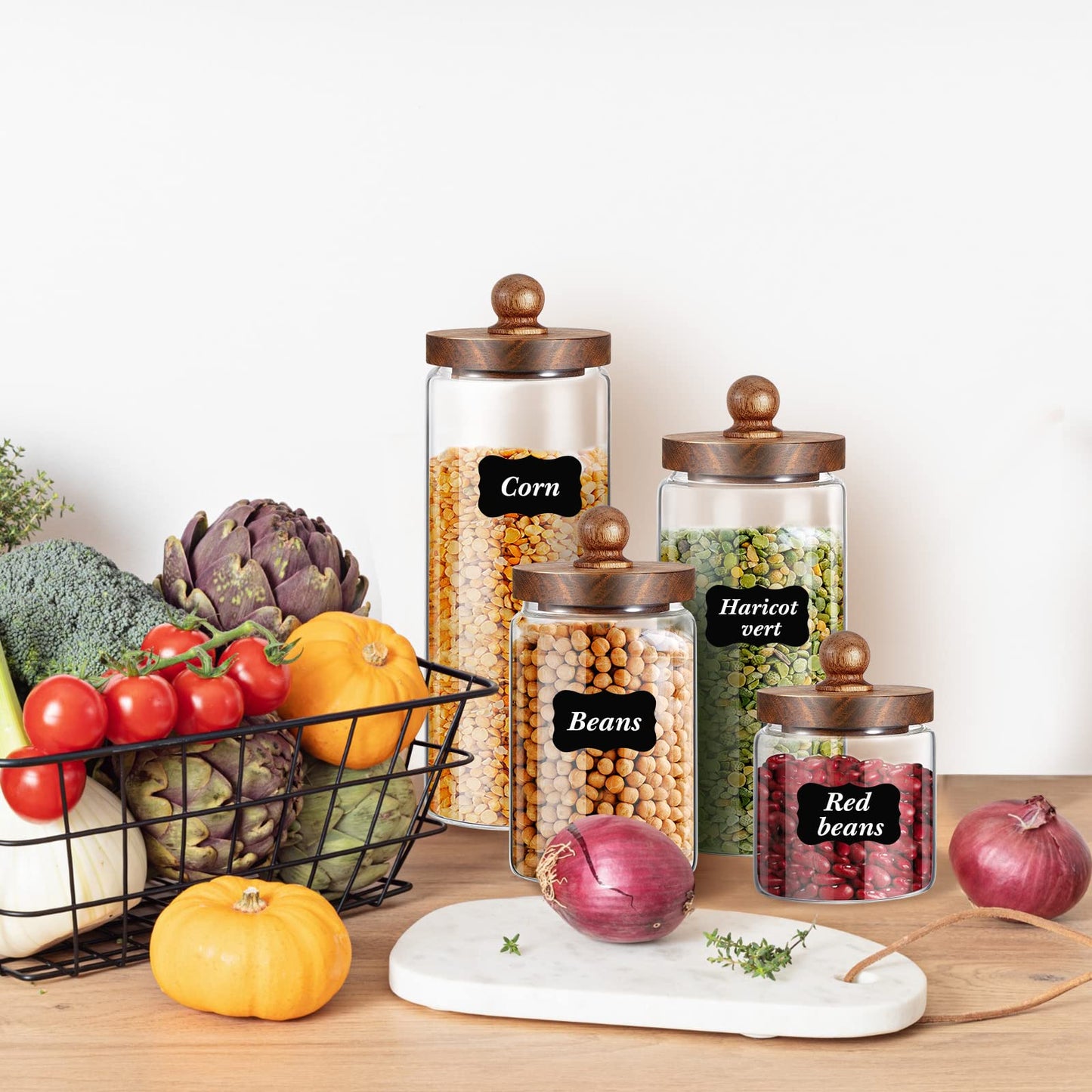 Gerrii Glass Storage Jars Set of 4, Clear Food Storage Containers with Wooden Lids