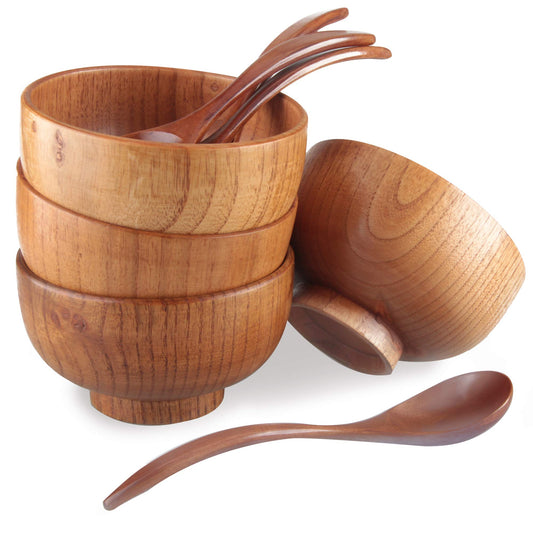 Originalidad Handmade Wood Bowls, Jujube Wooden Japanese Bowl with Matching Spoon for Rice, Soup, Dip, Salad, Tea, Decoration 4 Sets (4 Bowls 4.2 IN + 4 Spoons)