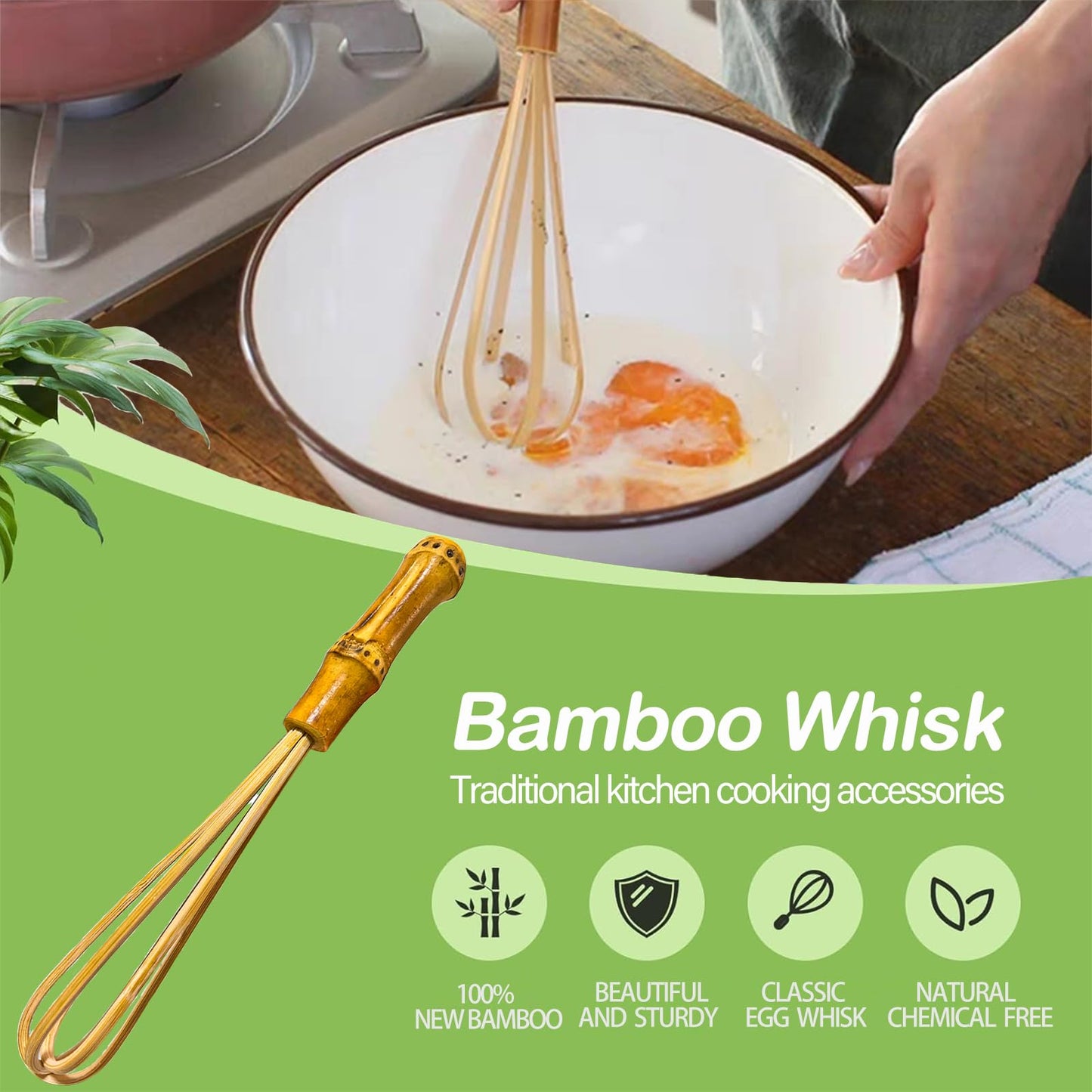 Wooden Whisk, Handcrafted Bamboo Whisks for Cooking Non Scratch