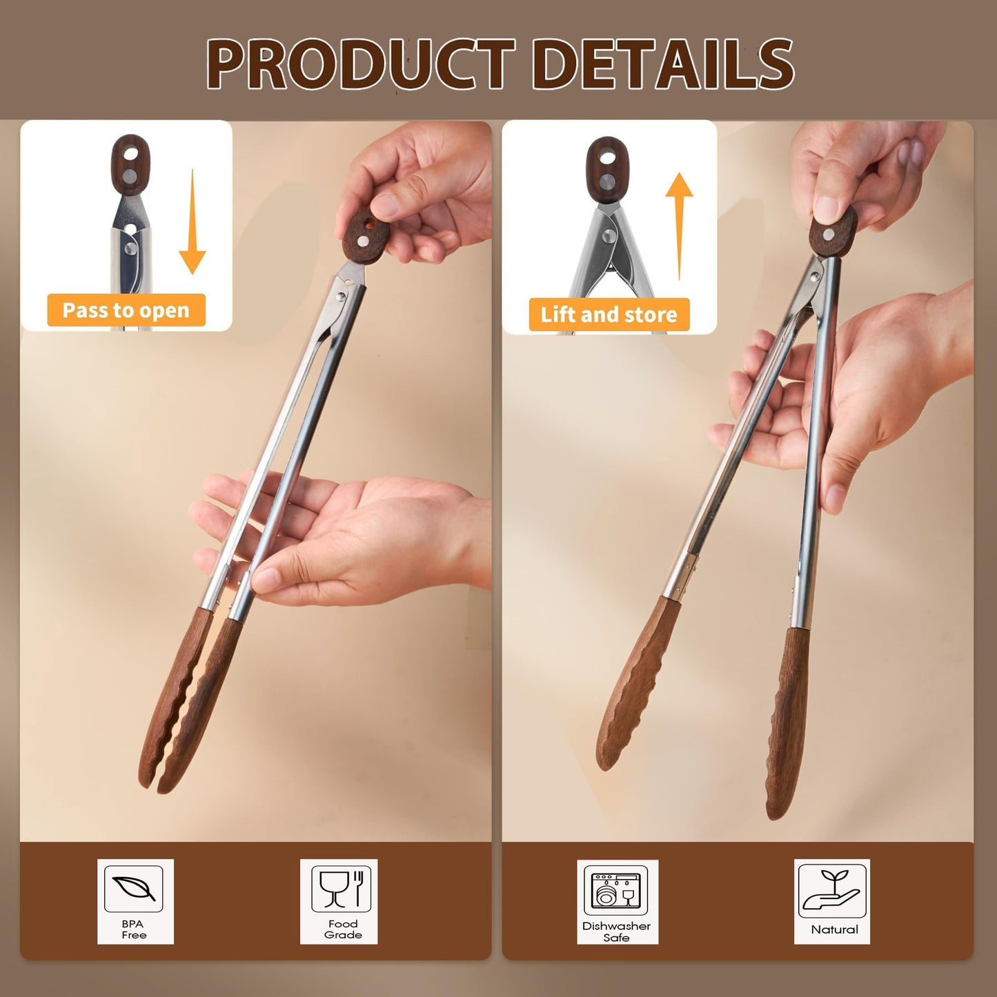 Wooden Tongs for Cooking Heat Resistant 2 Pcs 9 Inch 12 Inch