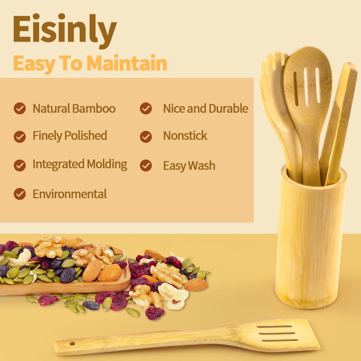 Eisinly Wooden Spoons for Cooking 7-Piece, Kitchen Nonstick Bamboo Cooking Utensils Set,