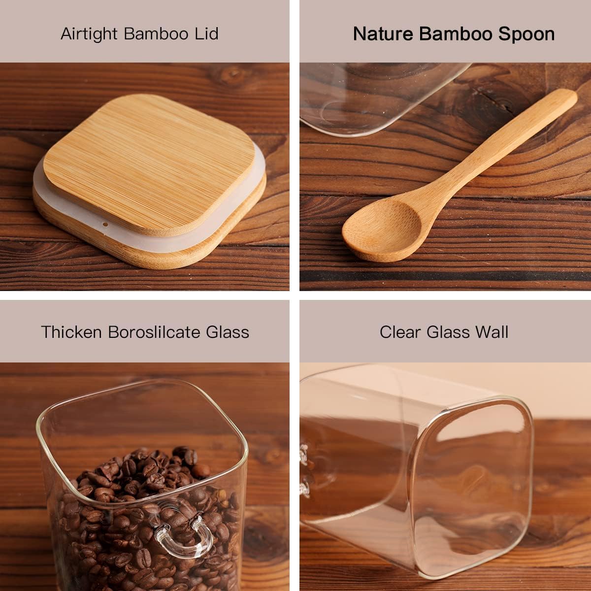 HHMJSM 6 Pcs Square Glass Jar with Bamboo Lid and Spoon