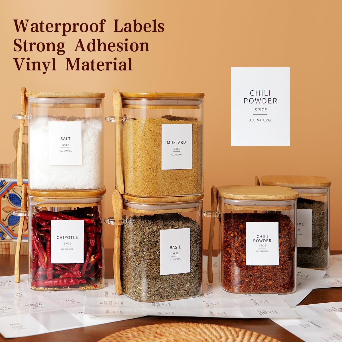 HHMJSM 6 Pcs Square Glass Jar with Bamboo Lid and Spoon