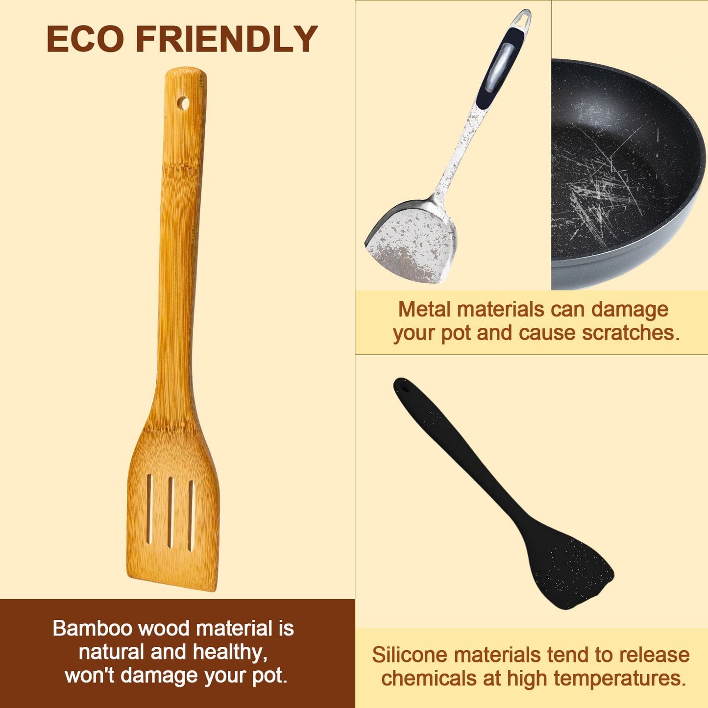 Eisinly Wooden Spoons for Cooking 7-Piece, Kitchen Nonstick Bamboo Cooking Utensils Set,