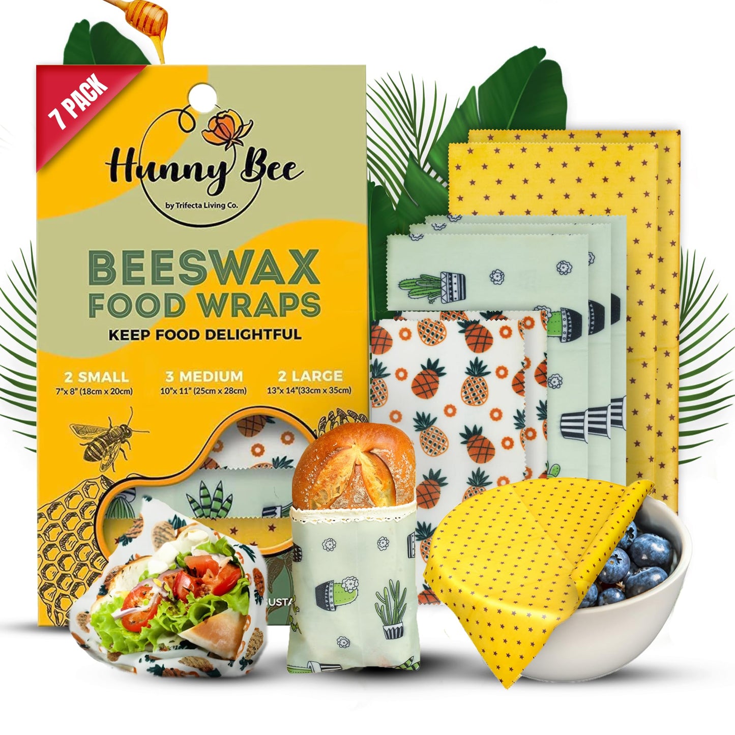 Trifecta Living Co. Versatile Beeswax Wraps,Set of 7-Fresh Food Keeper, Durable & Easily Cleaned, Sustainable