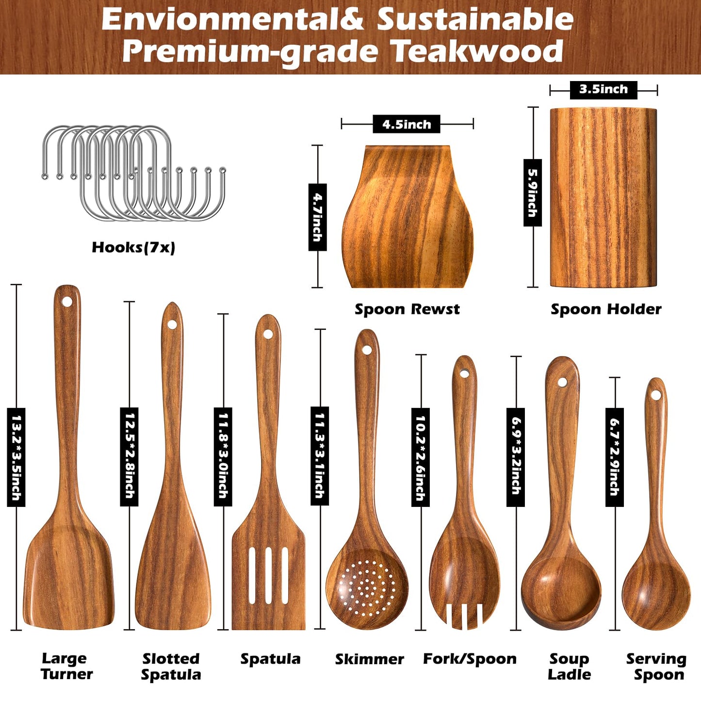 Natural Teak Kitchen 10 PCS. Cooking Utensil Set with Holder