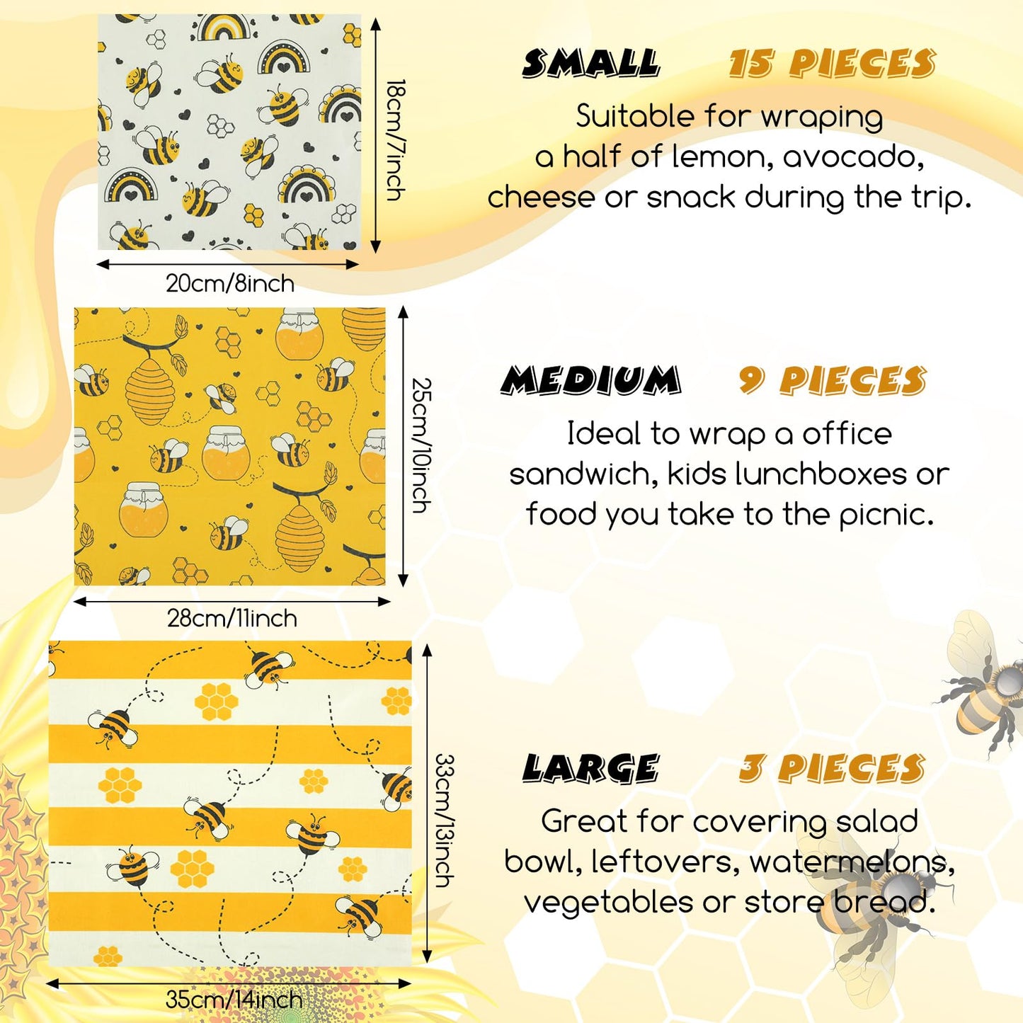 Tranqun 27 Pack Beeswax Wraps for Food Reusable Beeswax Assorted Bread Storage Wrap Fresh Food