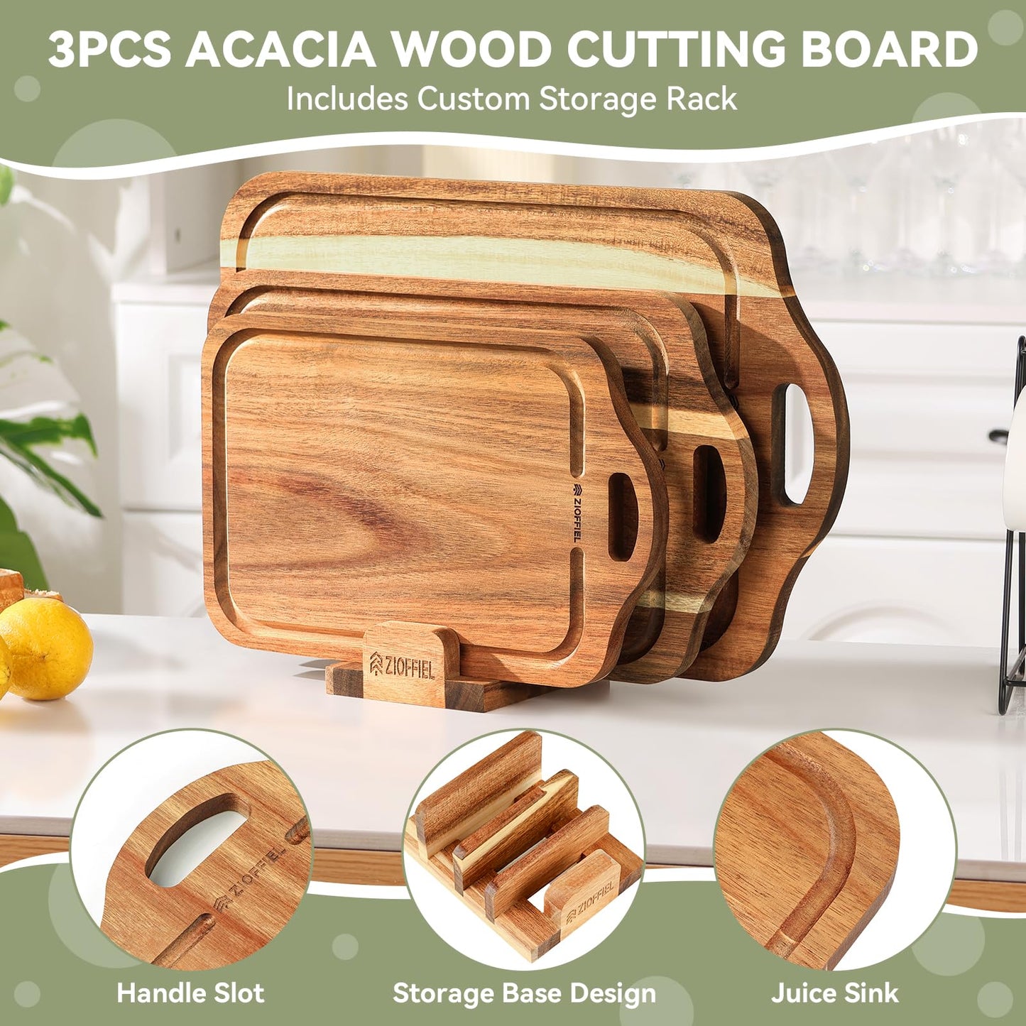 Acacia Wood Cutting Board Set of 3 Size with Holder,