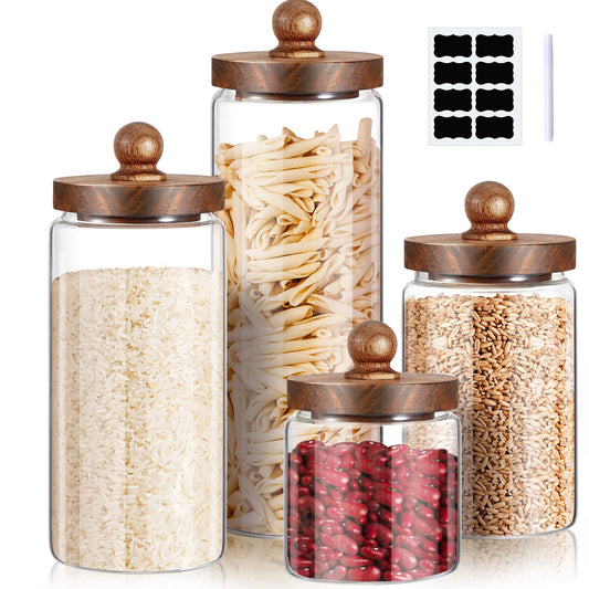Gerrii Glass Storage Jars Set of 4, Clear Food Storage Containers with Wooden Lids