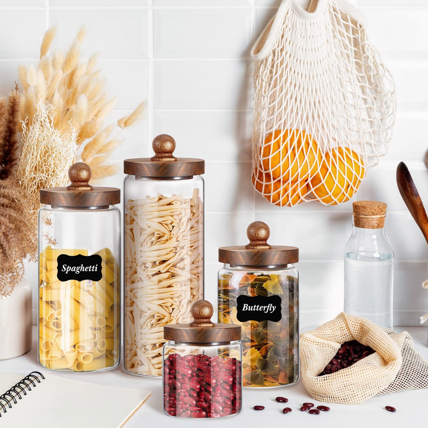 Gerrii Glass Storage Jars Set of 4, Clear Food Storage Containers with Wooden Lids