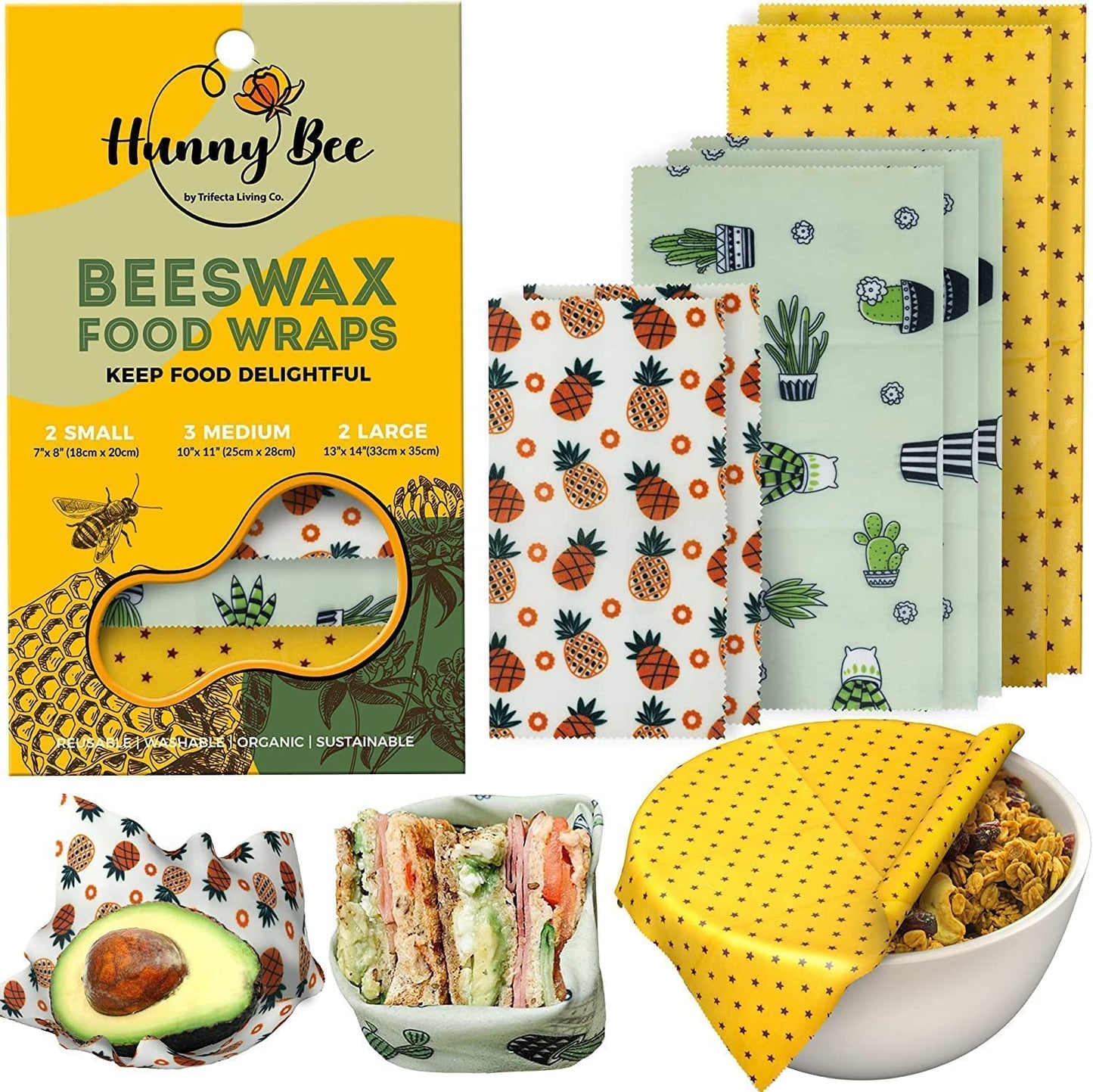 Trifecta Living Co. Versatile Beeswax Wraps,Set of 7-Fresh Food Keeper, Durable & Easily Cleaned, Sustainable
