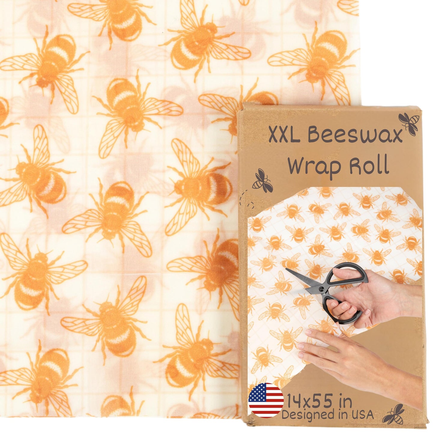 XXL Reusable Beeswax Wraps For Food - 14 x 55 in Roll | Cut to Size Bees Wax Wraps Reusable | Extra Large Beeswax Paper Sheet | Cute Bees Wax Roll for Food Wraps