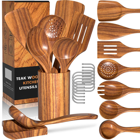 Natural Teak Kitchen 10 PCS. Cooking Utensil Set with Holder