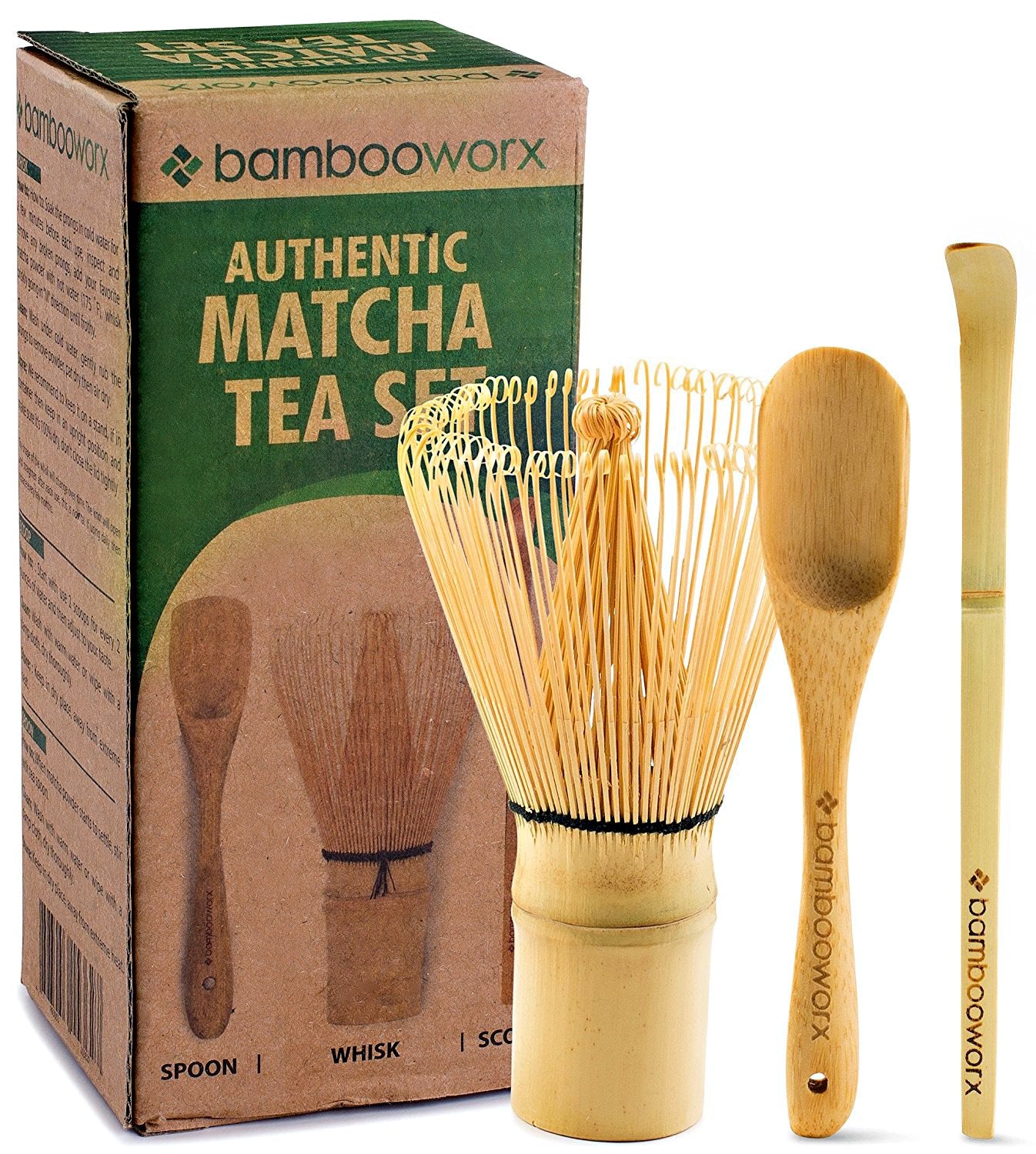 BambooWorx Matcha Whisk Set - (Chasen), Traditional Scoop (Chashaku), Tea Spoon.