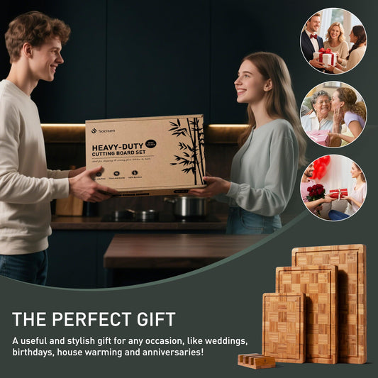 3 Pack Heavy Duty Bamboo Cutting Board Set Non Toxic