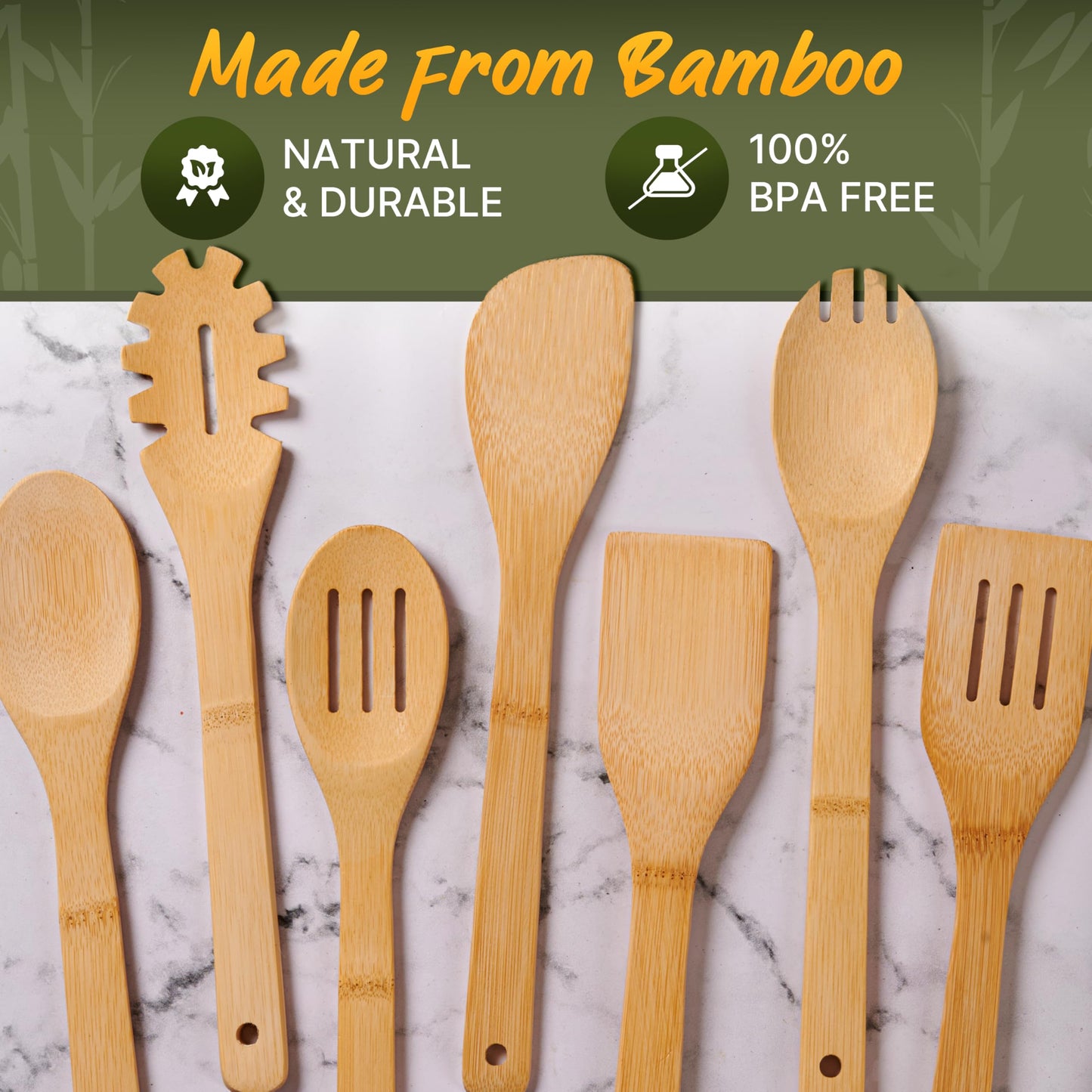 Wooden Utensil Set, Bamboo Utensils – 7 PCs