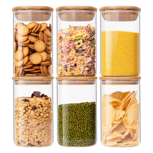 Wood and Glass Food Storage Jars 37 oz Set of 6,Glass Storage Containers