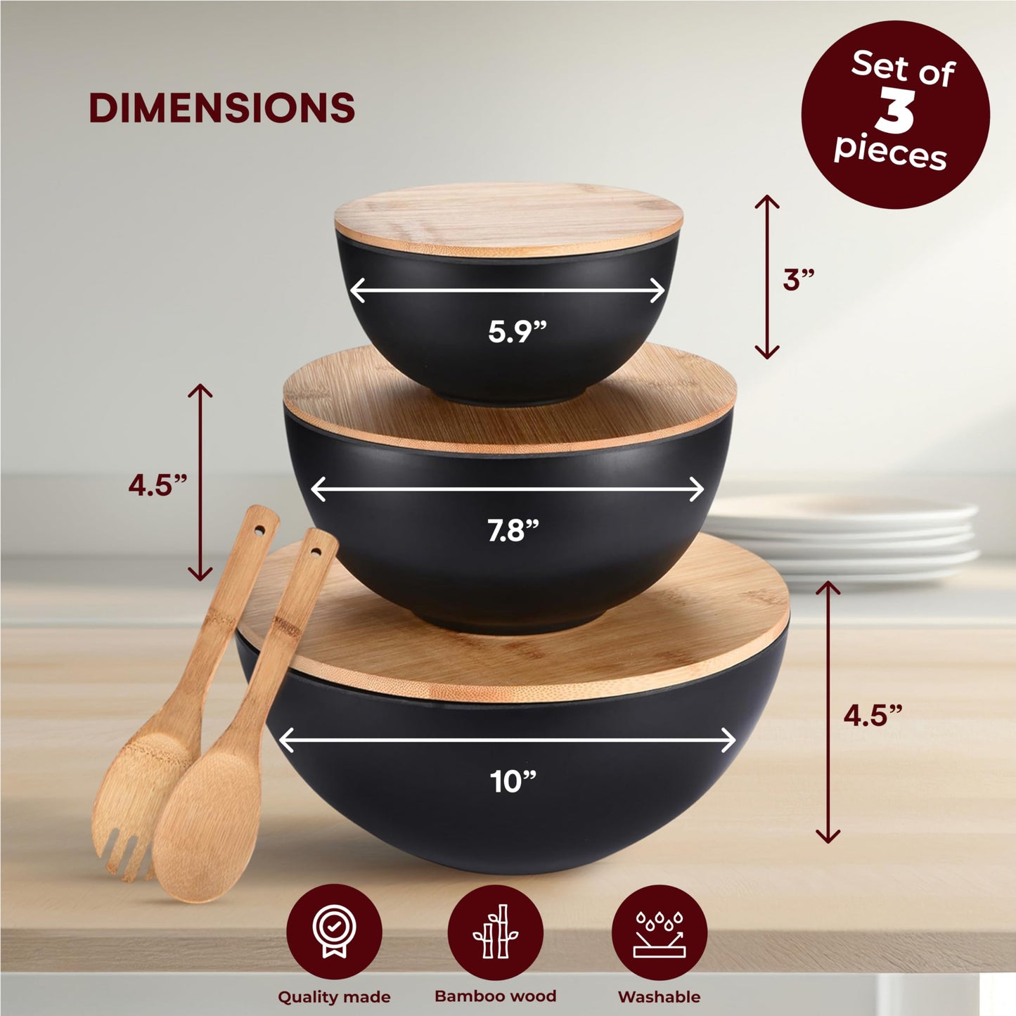 Vdomus Salad Serving Bowls with Lidand Spoons - Set of 3