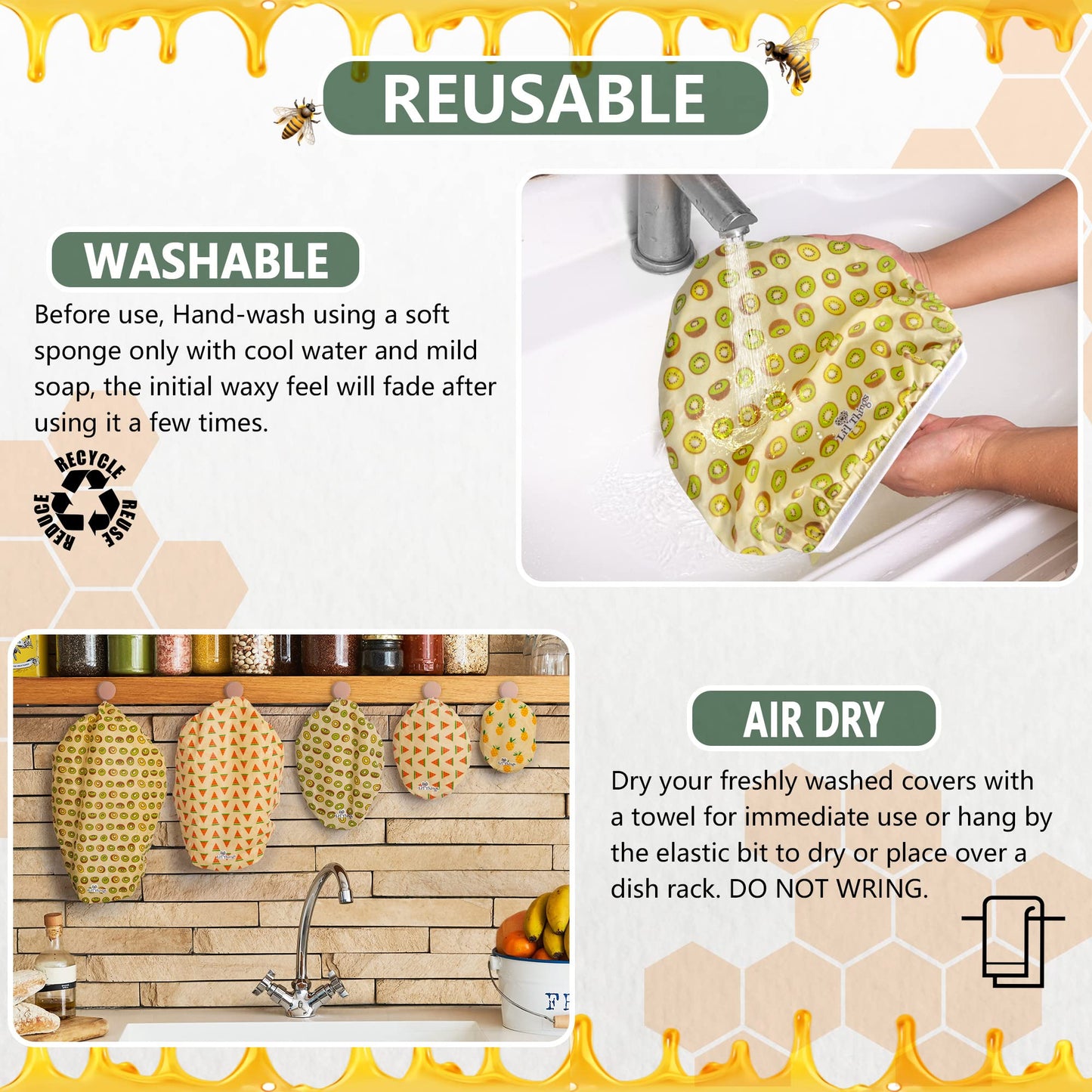 Li'l Things Beeswax Bowl Covers – Reusable Food Wrap Set of 5 | Eco-Friendly, Sustainable, Washable & Breathable Covers