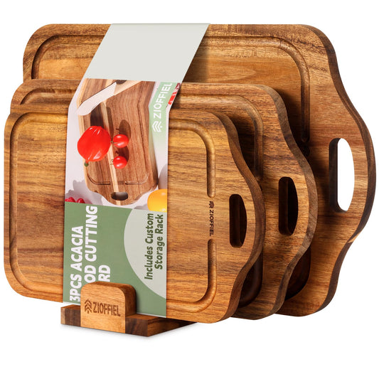 Acacia Wood Cutting Board Set of 3 Size with Holder,