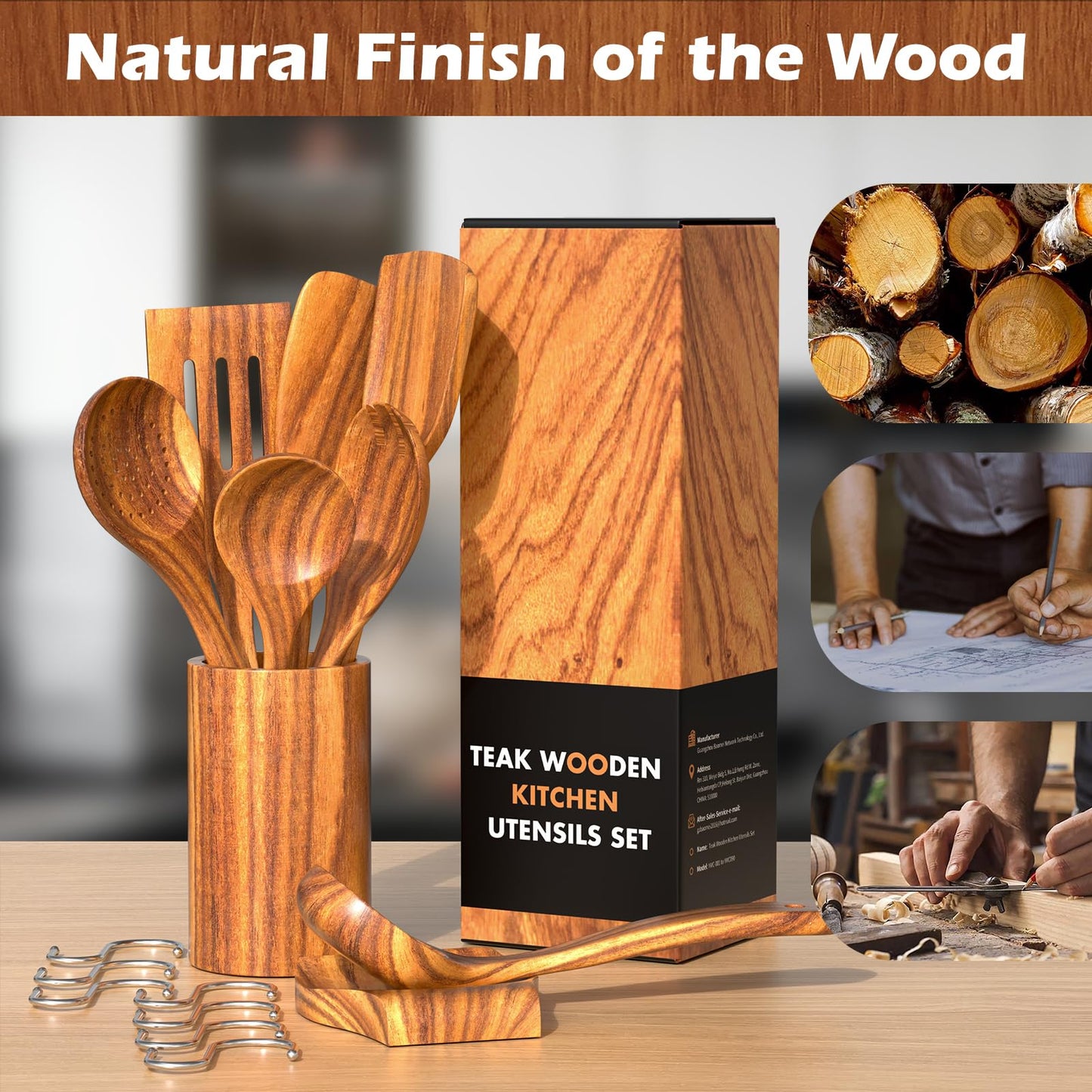 Natural Teak Kitchen 10 PCS. Cooking Utensil Set with Holder