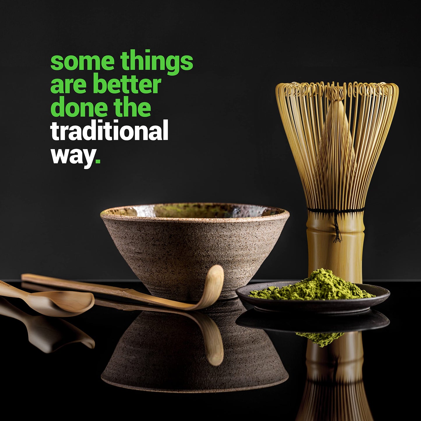 BambooWorx Matcha Whisk Set - (Chasen), Traditional Scoop (Chashaku), Tea Spoon.