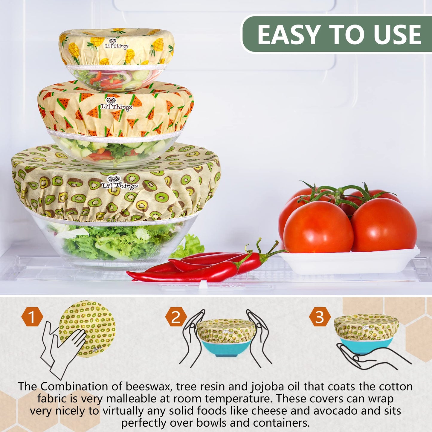Li'l Things Beeswax Bowl Covers – Reusable Food Wrap Set of 5 | Eco-Friendly, Sustainable, Washable & Breathable Covers