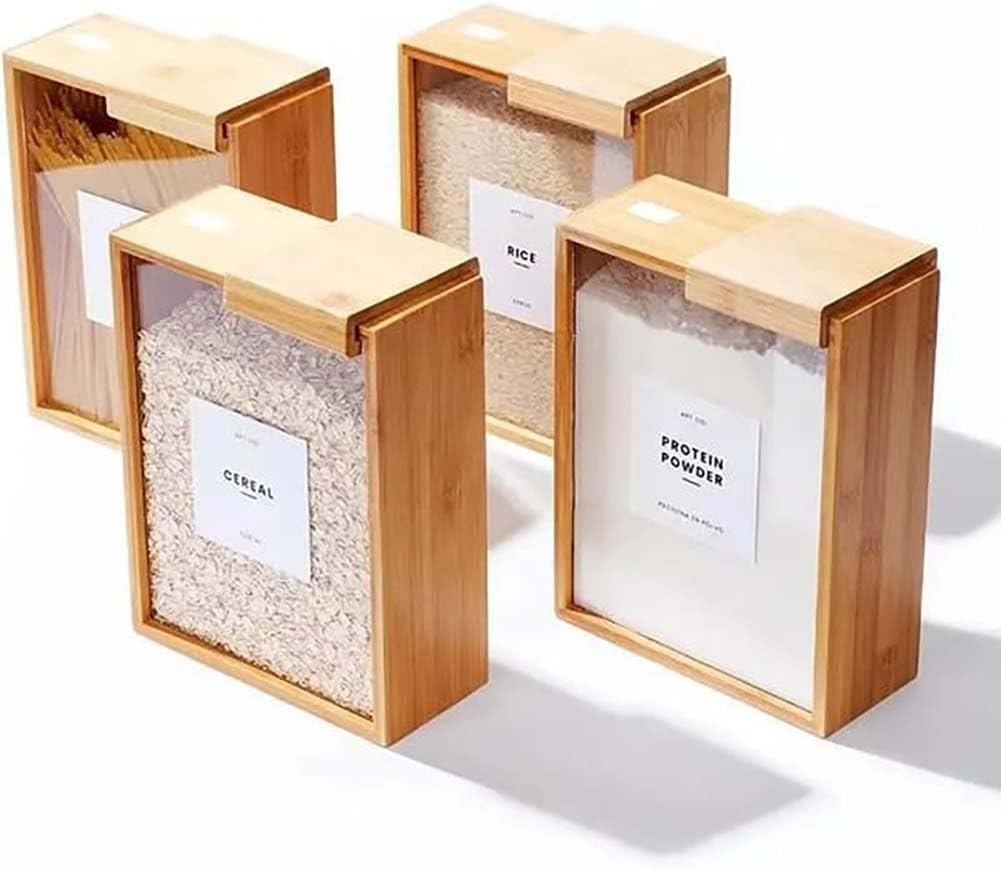 Wooden Cereal Storage Box, Clear Food Storage Box with Lid,
