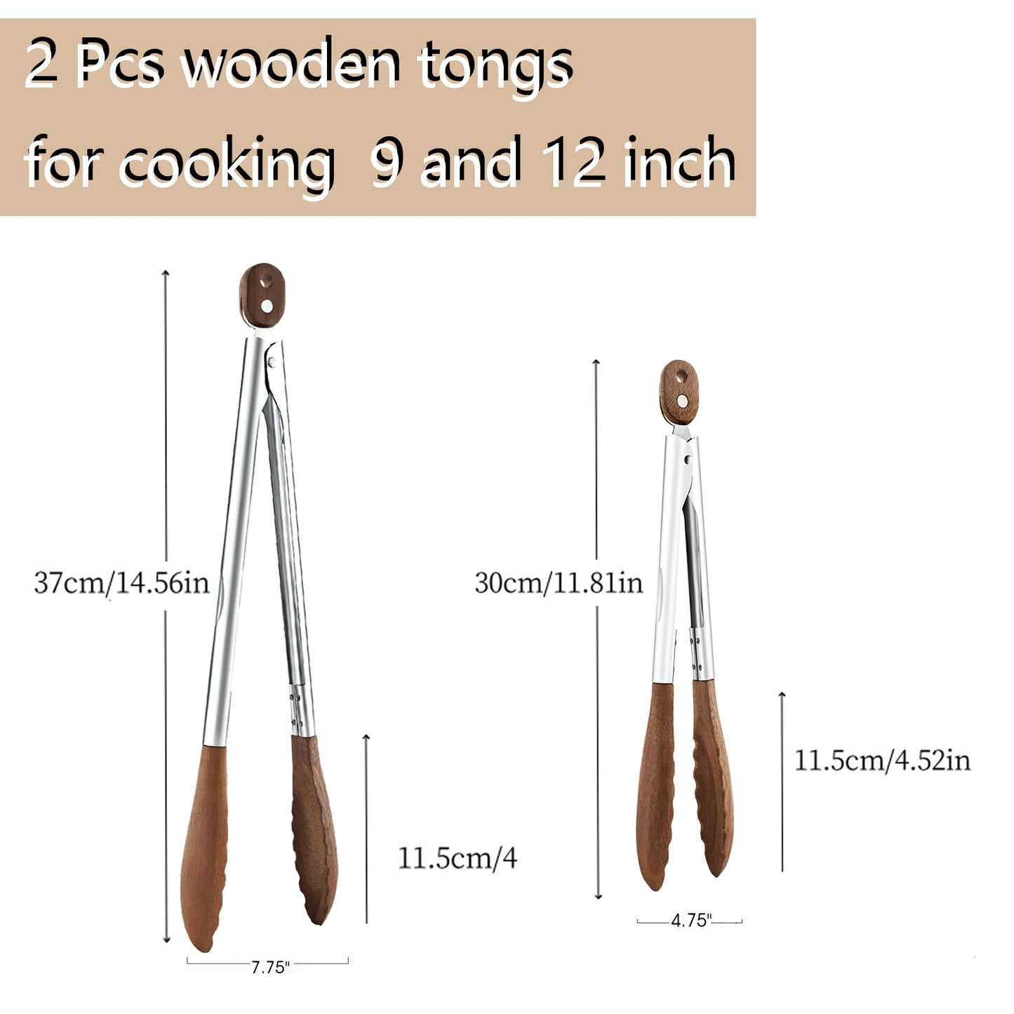 Wooden Tongs for Cooking Heat Resistant 2 Pcs 9 Inch 12 Inch