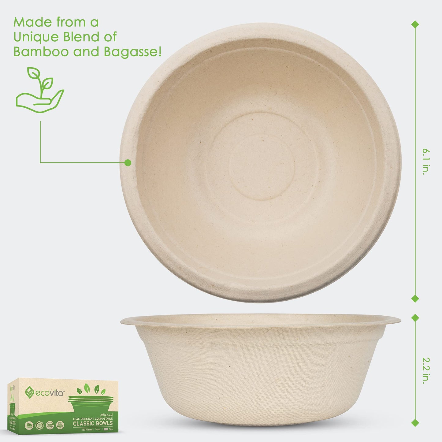 Ecovita 100% Compostable Paper Bowls [16 oz.] – 150 Disposable Bowls