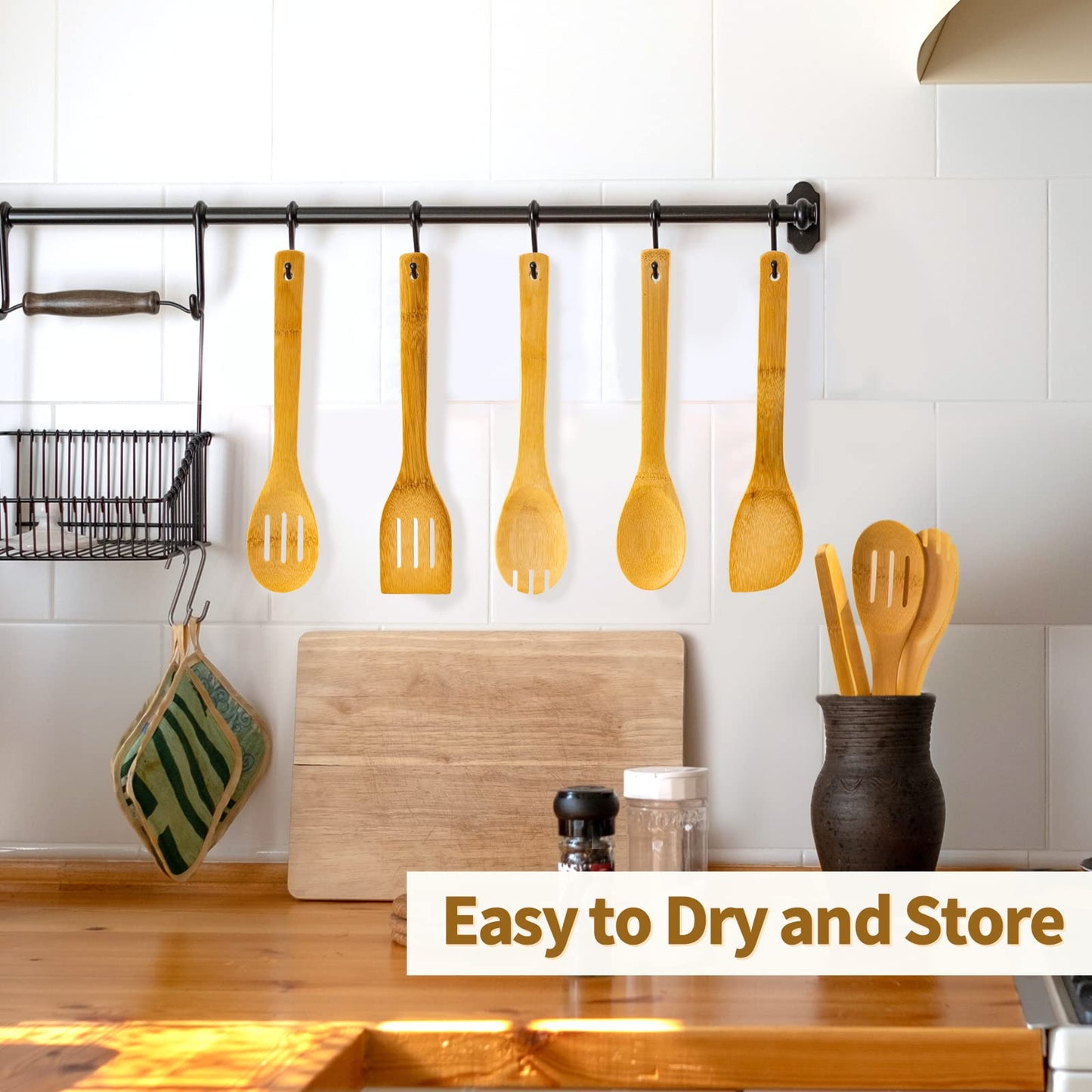 Eisinly Wooden Spoons for Cooking 7-Piece, Kitchen Nonstick Bamboo Cooking Utensils Set,