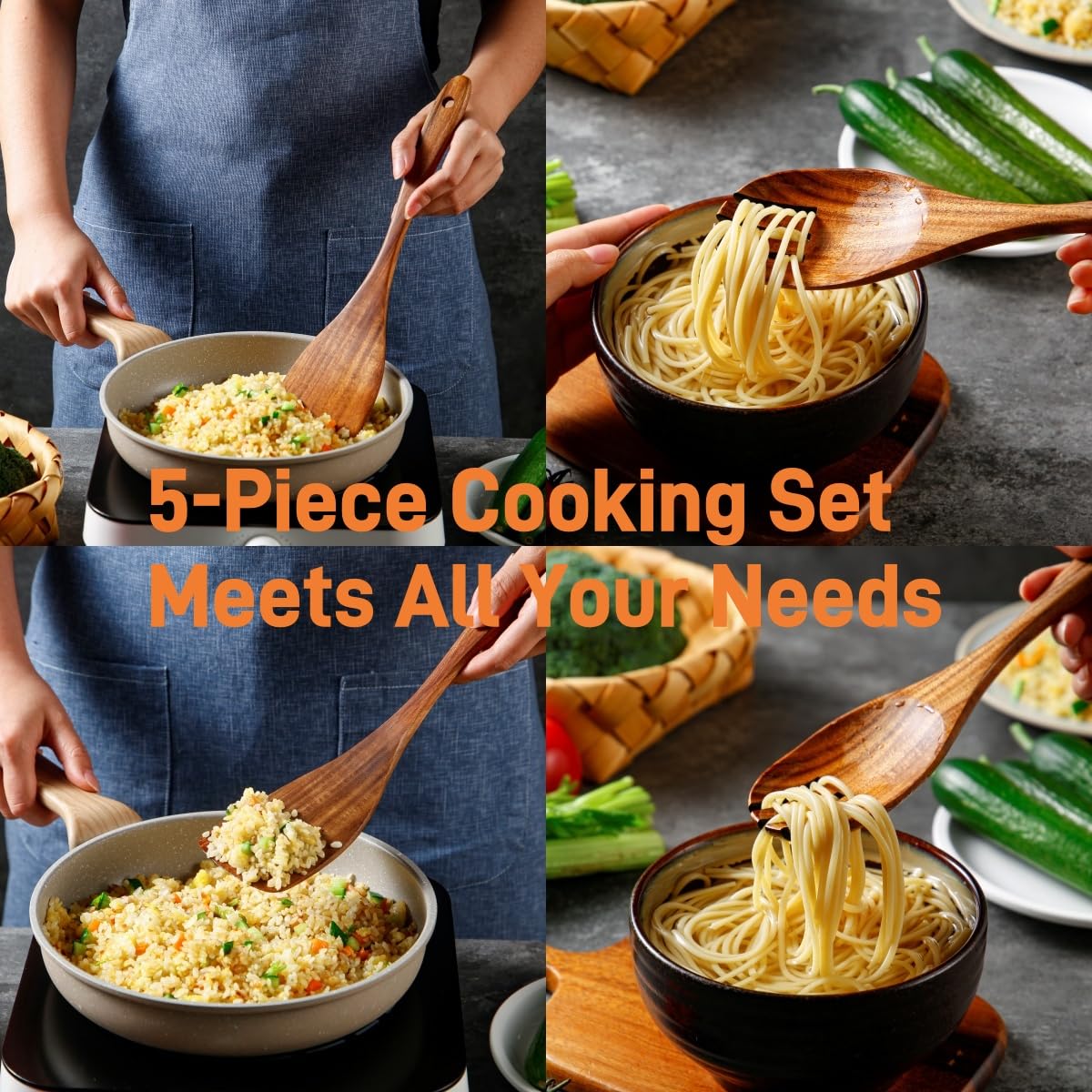 Yhendelion 5 Piece Wooden Spoons for Cooking - Natural Finish Wooden