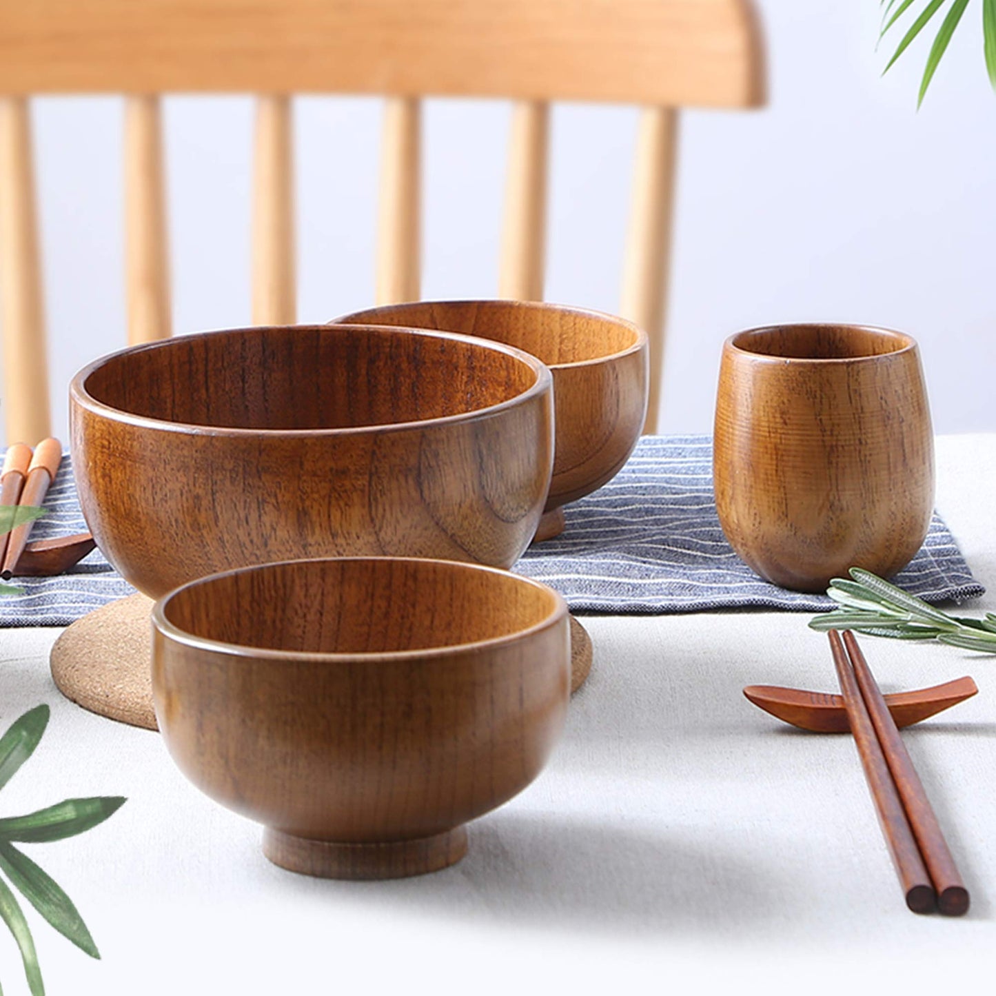 Originalidad Handmade Wood Bowls, Jujube Wooden Japanese Bowl with Matching Spoon for Rice, Soup, Dip, Salad, Tea, Decoration 4 Sets (4 Bowls 4.2 IN + 4 Spoons)