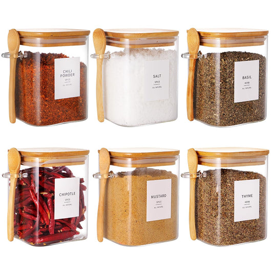 HHMJSM 6 Pcs Square Glass Jar with Bamboo Lid and Spoon