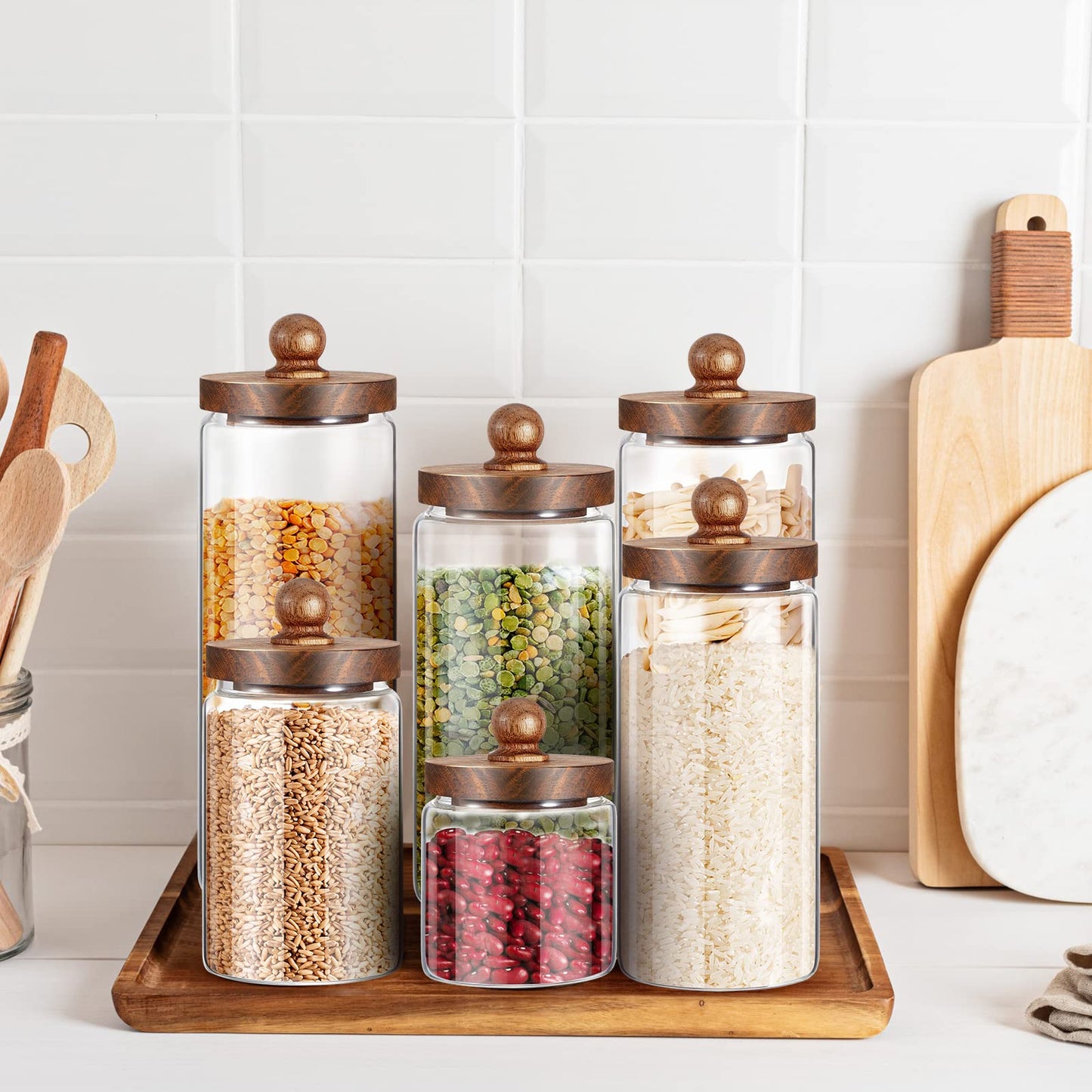 Gerrii Glass Storage Jars Set of 4, Clear Food Storage Containers with Wooden Lids