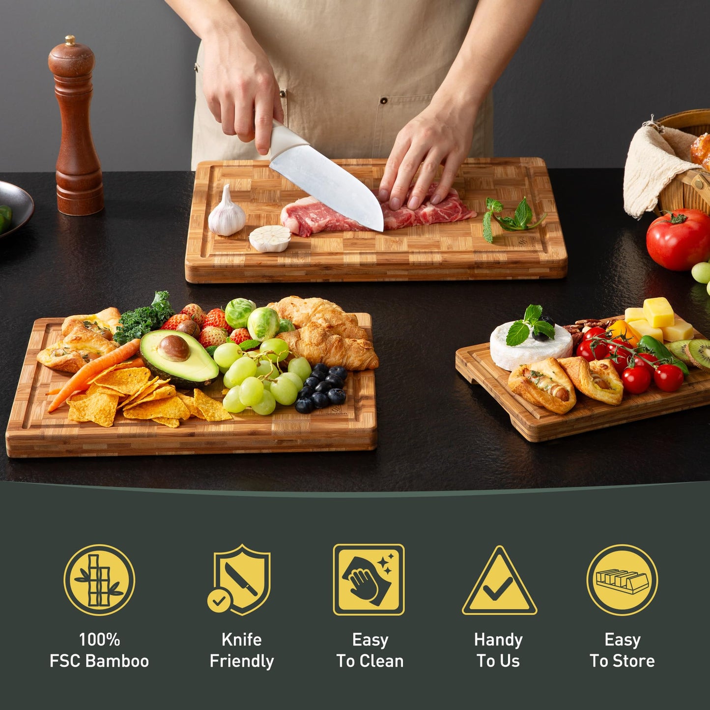 3 Pack Heavy Duty Bamboo Cutting Board Set Non Toxic